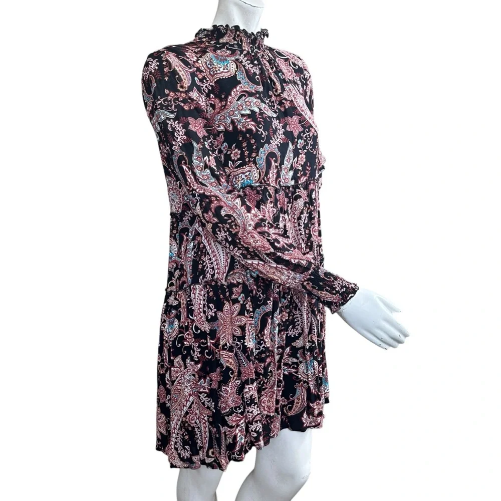 Anthropologie “Cady” Black Paisley Print Long Sleeve Mockneck Babydoll Dress XS